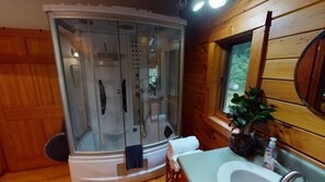 Combined shower/bathtub, hair dryer, towels - Fern Ridge Cabin - Hot Tub - 60 Acres with Trails! (Laurelville)