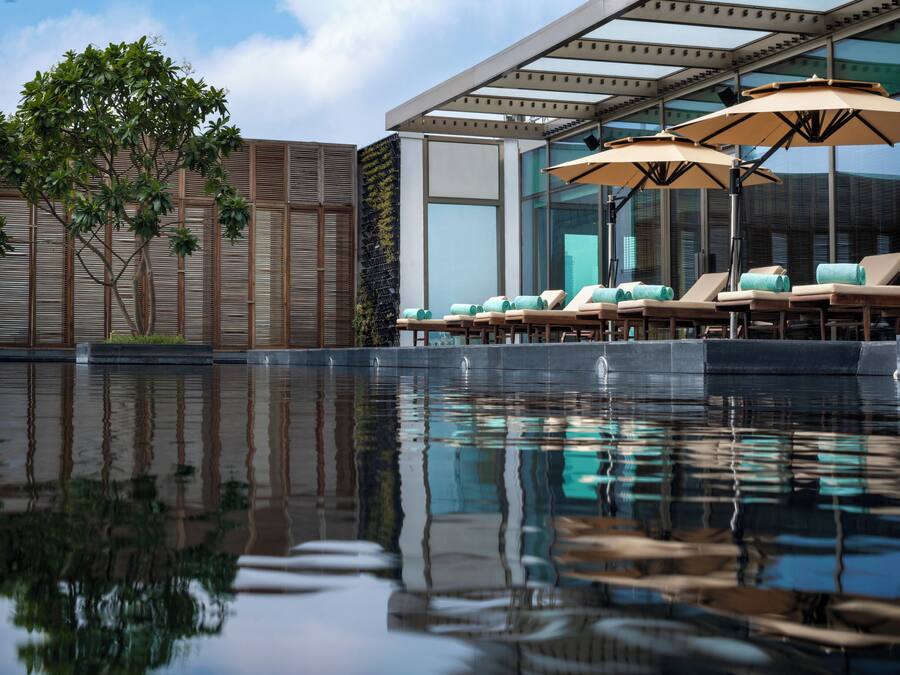 Outdoor pool, sun loungers