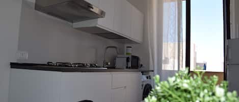 Fridge, microwave, stovetop, coffee/tea maker