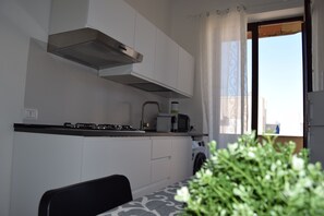 Kühlschrank, Mikrowelle, Herdplatte, Wasserkocher mit Kaffee-/Teezubehör