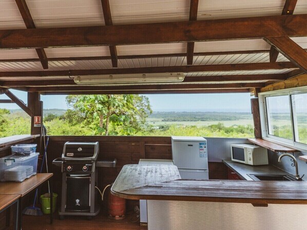 Fridge, microwave, stovetop, coffee/tea maker