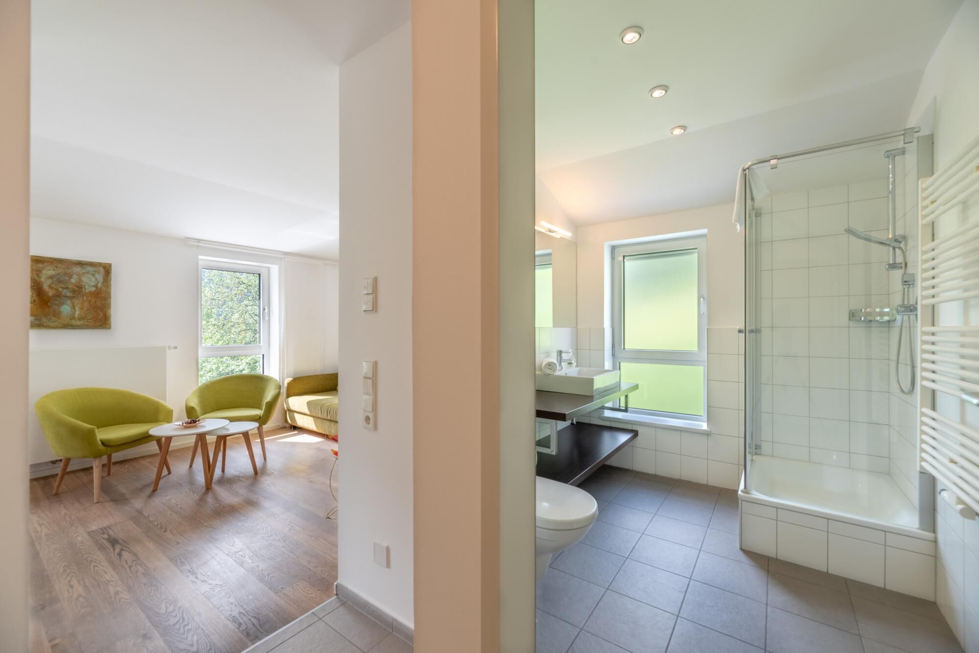 A modern bathroom with a glass shower enclosure, a toilet, and a sink.