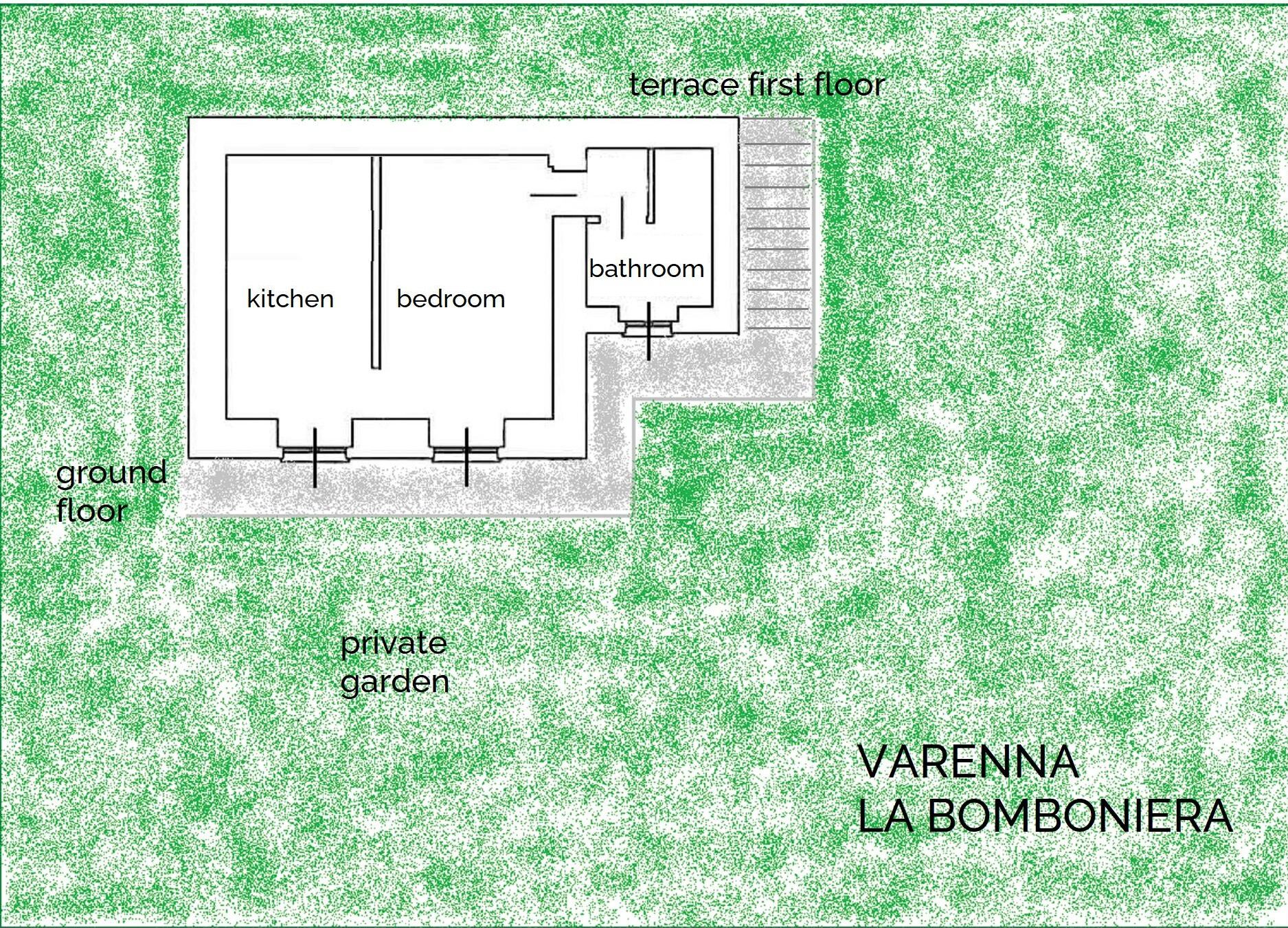 A floor plan of Varenna La Bomboniera with a terrace on the first floor, a kitchen, bedroom, bathroom, and a private garden.