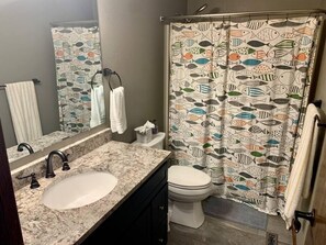 Douche, séchoir à cheveux, serviettes fournies, papier de toilette