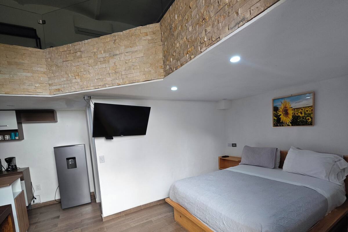 Een moderne slaapkamer met een bed in loftstijl, een flatscreen televisie aan de muur en een kitchenette met een koelkast en een koffieapparaat.