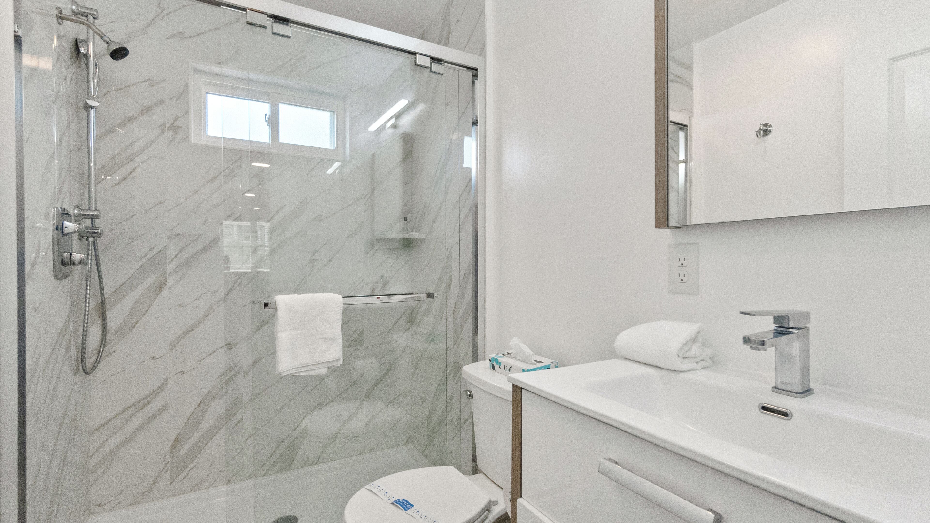 Et moderne badeværelse med en brusekabine med glasvægge, toilet og et spejl over vasken.