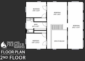 Plano de planta de una propiedad en el segundo piso, con tres dormitorios, un baño y un espacio abierto.