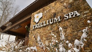 A stone building with a sign reading "TRILLIUM SPA". - Seven Springs Resort  by Vail Resorts (Champion)