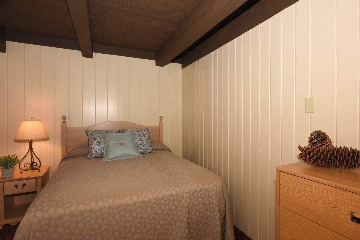 A neatly made bed with patterned bedding, a bedside lamp, a small plant, and a pine cone decoration on a wooden dresser.