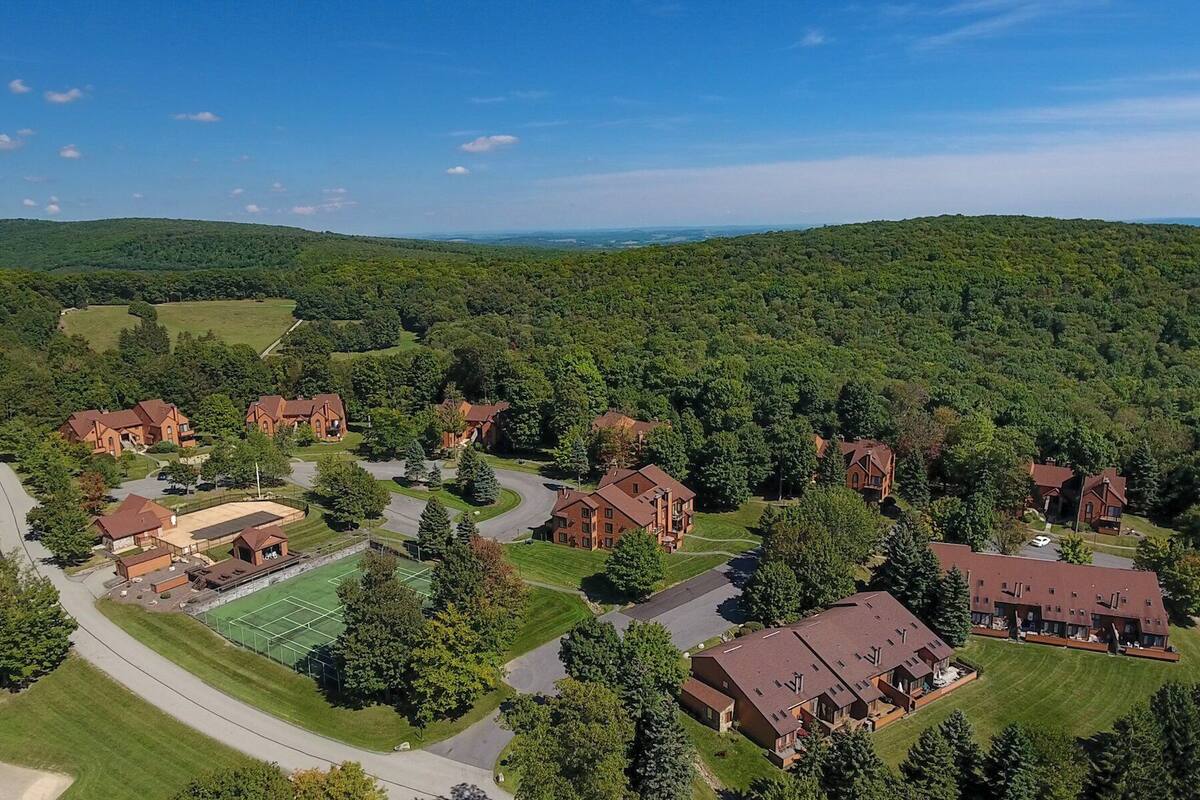 An aerial view of a residential area with multiple brick houses, a tennis court, and surrounding greenery.