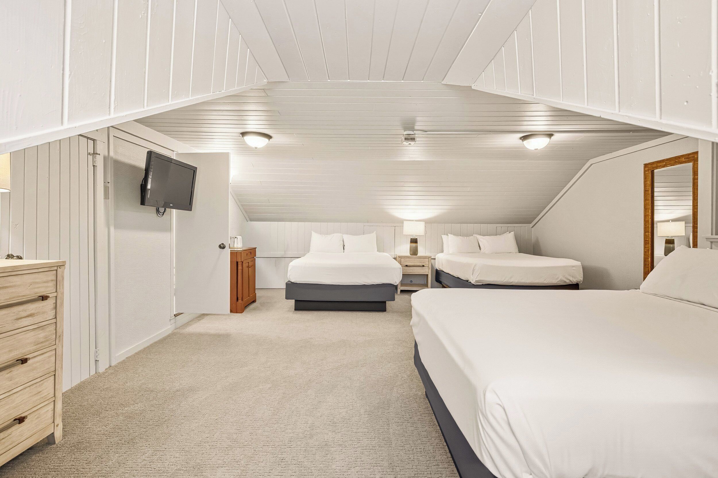 A bedroom with two beds, a TV, a dresser, and a mirror.