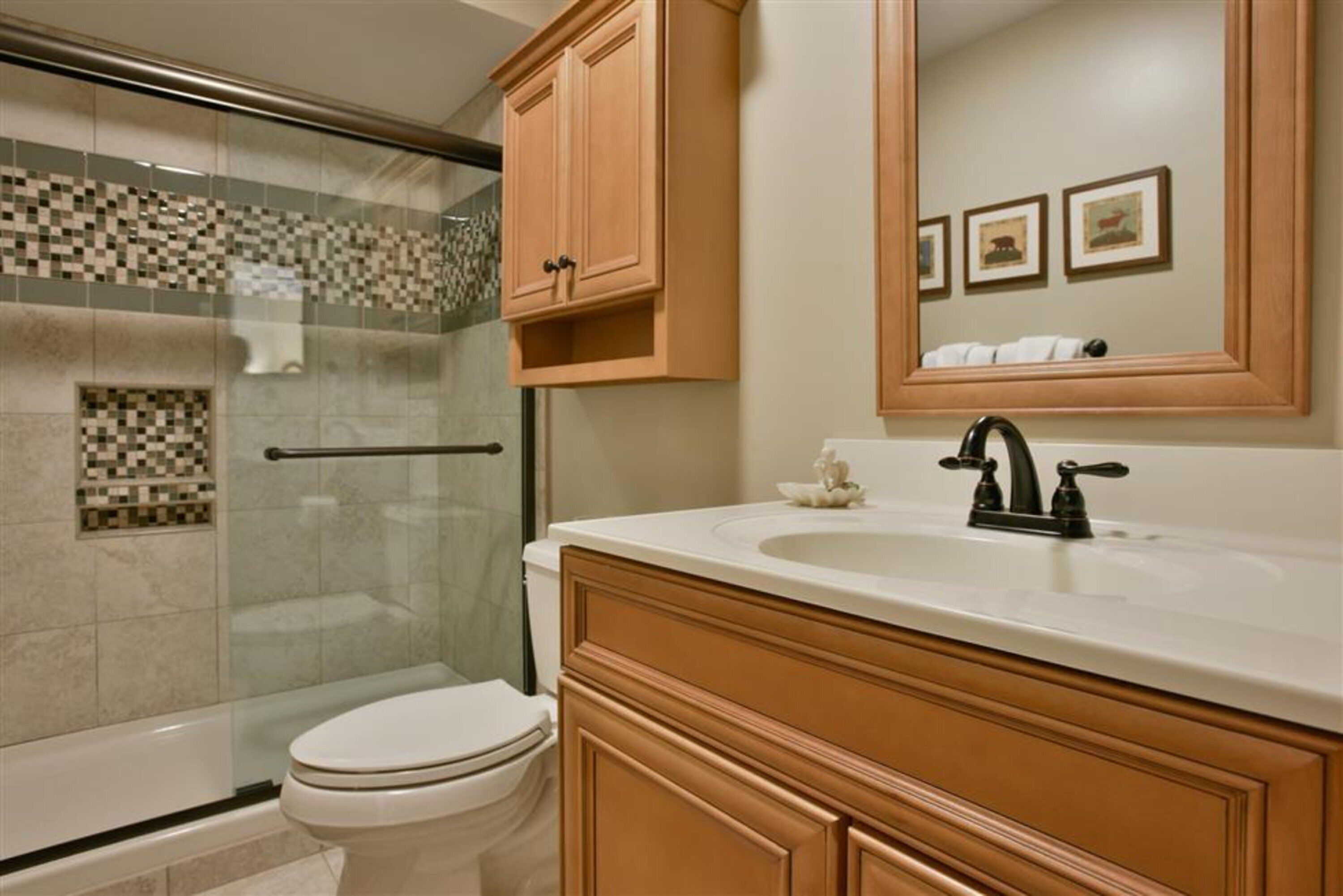 A bathroom with a glass shower enclosure, a toilet, a sink with a mirror above, and wooden cabinets.