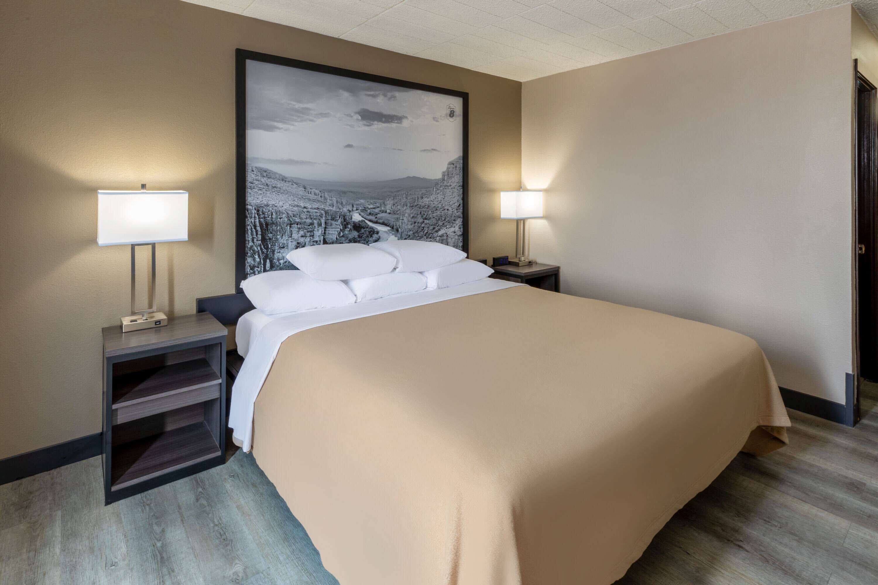 A hotel room with a large bed, two bedside tables with lamps, a wall-mounted artwork, and a door to the right.
