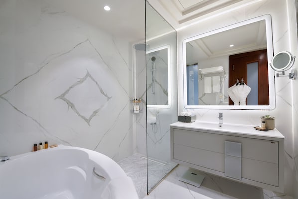 Une salle de bain moderne dotée d’une douche à parois de verre, d’une baignoire sur pieds et d’un meuble-lavabo avec un miroir.