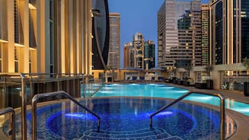Outdoor pool, pool umbrellas, pool loungers