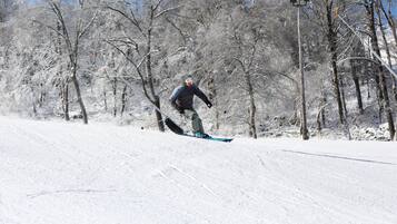 Una persona fent snowboard per una vessant nevada amb arbres despullades al fons.