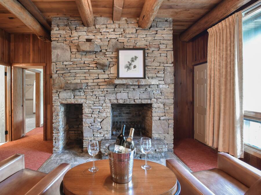 A stone fireplace with a framed botanical print above it, flanked by wooden walls and a red carpeted floor.