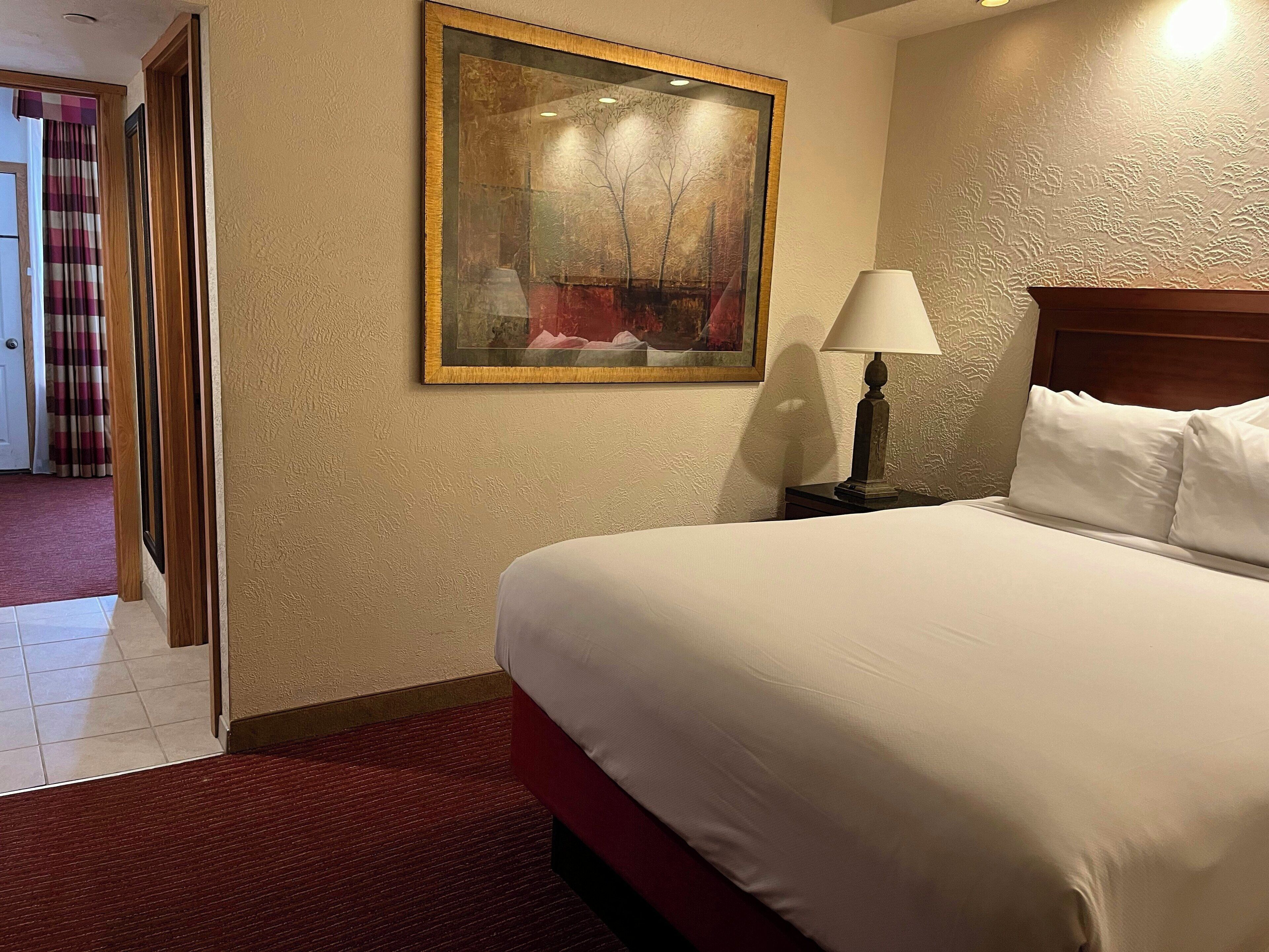 Habitación de hotel con una cama, una mesita de noche con lámpara, un cuadro en la pared y una puerta que conduce a otra habitación.