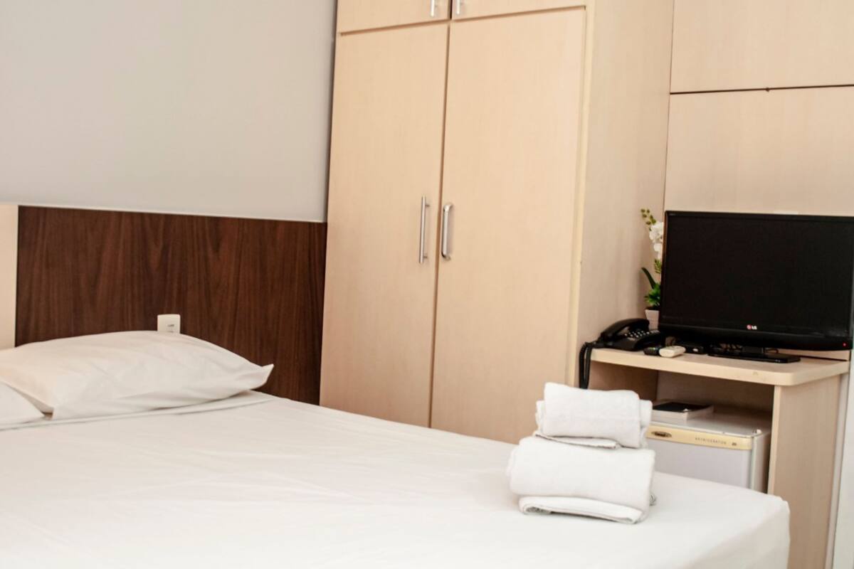 A hotel room with a bed, a wardrobe, a desk with a television, and a small plant.