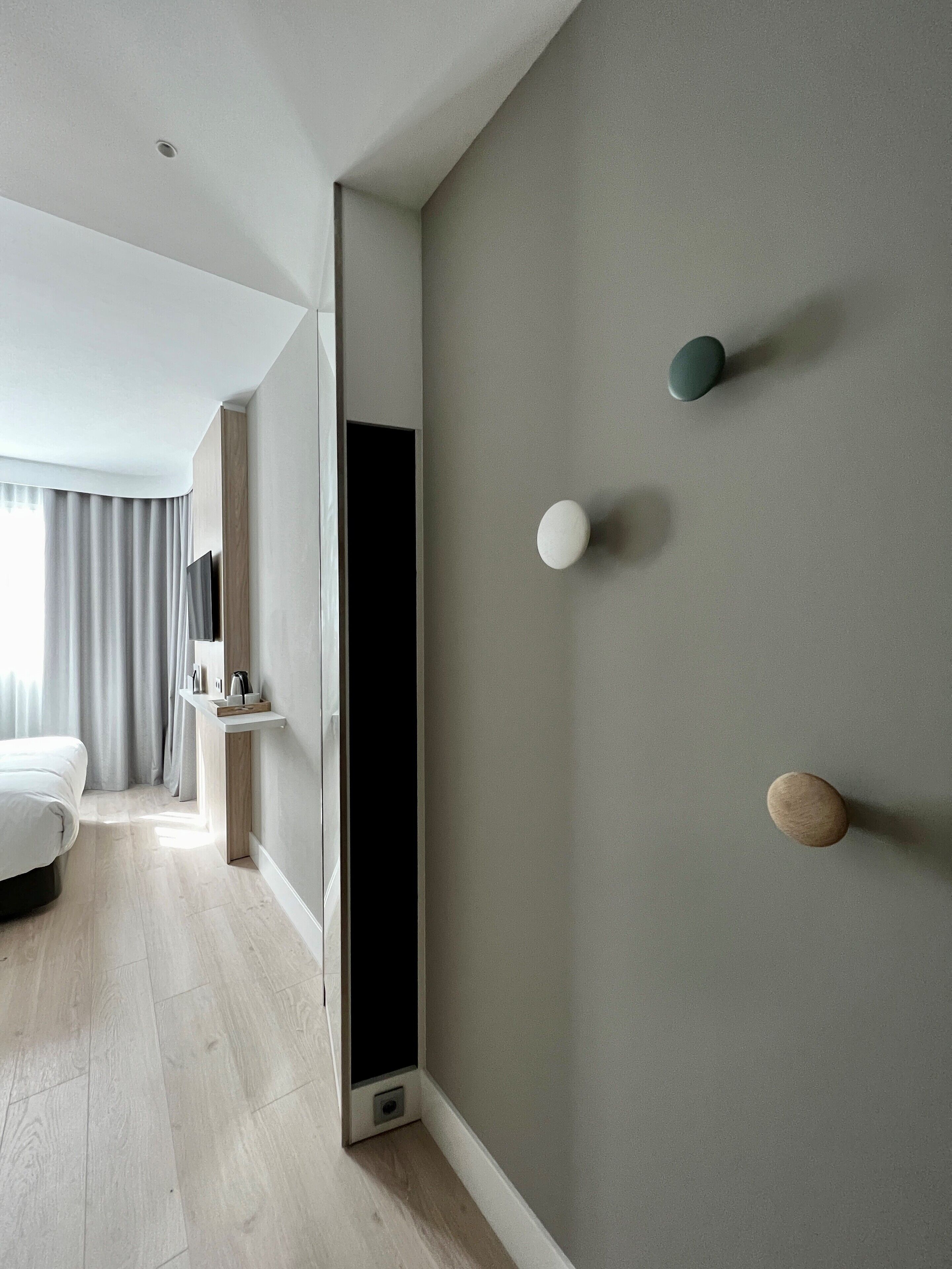 Une chambre d’hôtel moderne avec un plancher en bois, un lit, un bureau doté d’un téléviseur à écran plat et une porte de couleur sombre.