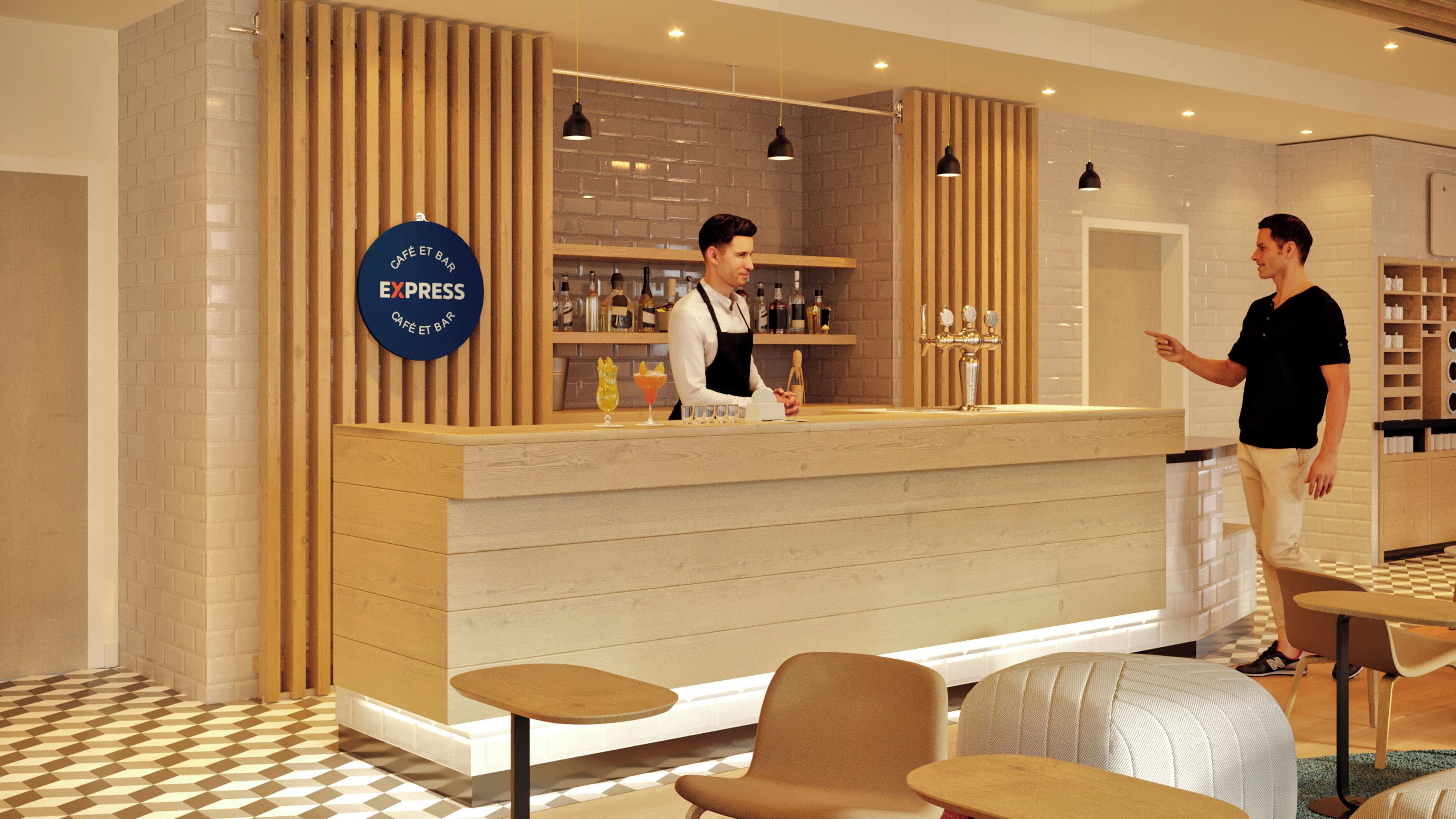 Interior moderno de un café y bar, con mostrador de madera, un barista preparando bebidas y una zona de estar con mesas y sillas.