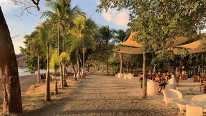 A beachside area with palm trees, outdoor seating, and a view of the sea.