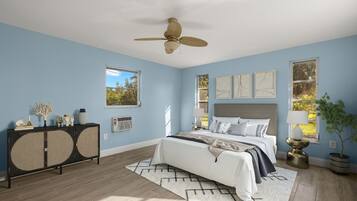 4 soverom, skrivebord, strykejern/-brett og reiseseng for barn