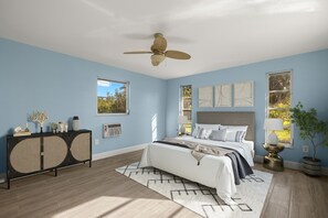 4 makuuhuonetta, työpöytä, silitysrauta/-lauta, vauvan matkasänky