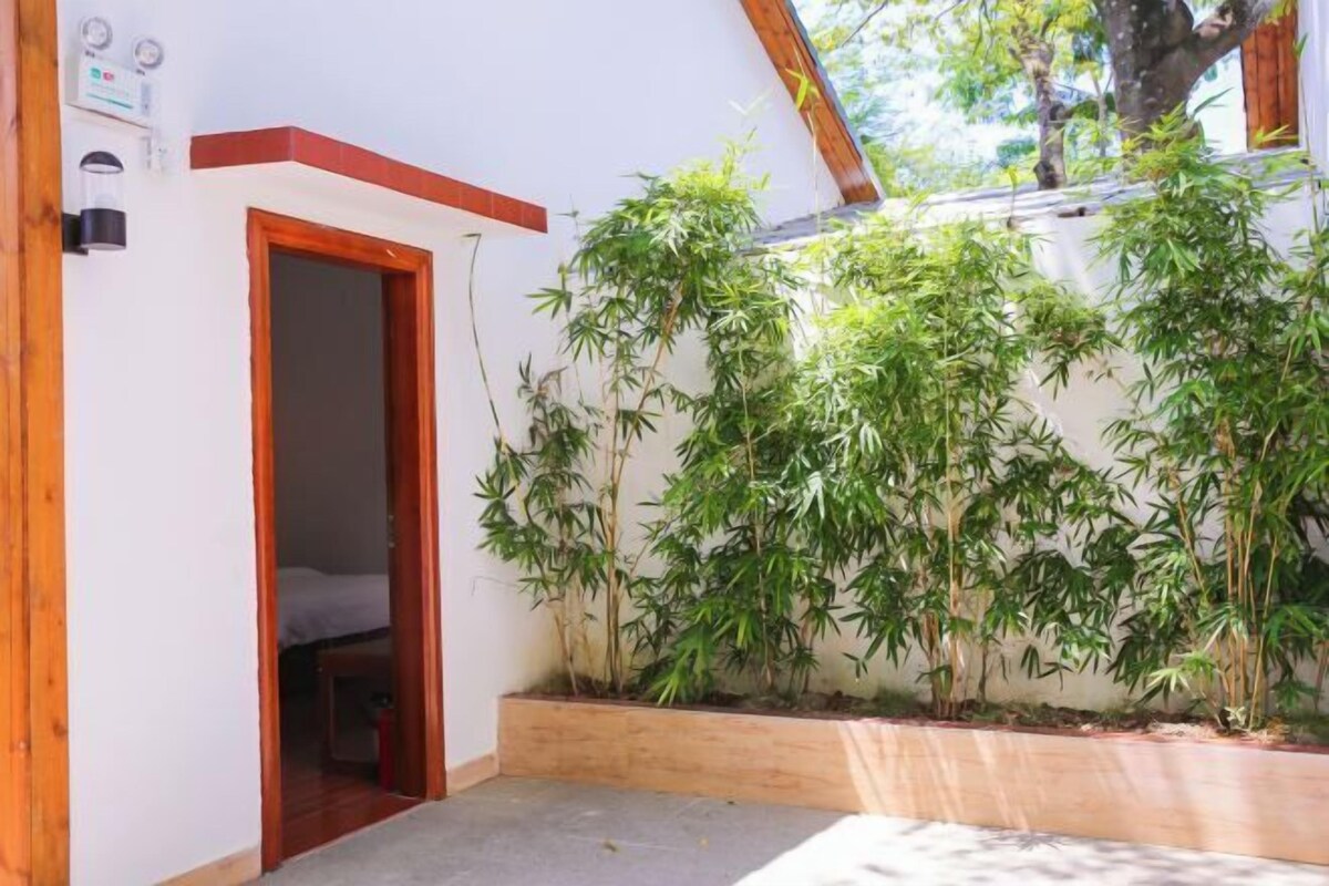 A room with a wooden door leading to a bed, a small window, and a wall with bamboo plants.