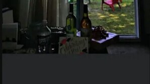 A room with a large window overlooking a grassy area with trees. There is a chair and a table with bottles and a sign in the foreground. - Lake Erie Lily Cabin (Fredonia)