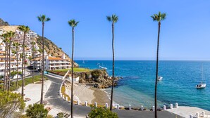 Un resort costero con un sendero pavimentado, palmeras y vista al mar.