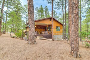 A cabin with a porch and steps leading to the entrance, surrounded by tall pine trees. - 10 Mi to Show Low: Pinetop-Lakeside Family Cabin! (Pinetop-Lakeside)