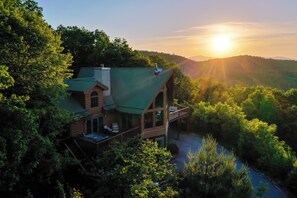 Una cabaña con techo verde, una terraza y vistas al bosque circundante.