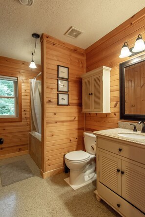 Combined shower/tub, hair dryer, towels, soap