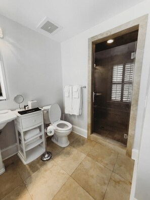 Rainfall showerhead, hair dryer - Standard Guest Room- 2 Queens  · The Jefferson Inn Rm. 13 (Southern Pines)