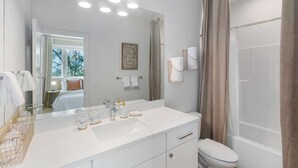 A modern bathroom with a large mirror, a white sink, and a shower. - Kenny's Sweet Suite - 84 Walkscore!! (Seattle)