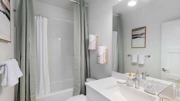 Regadera, secadora de cabello, toallas