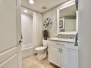 Combined shower/tub, hair dryer
