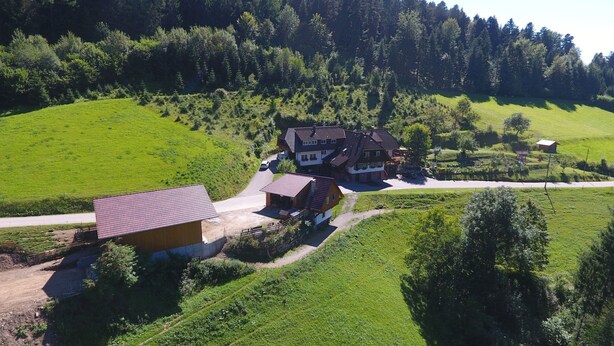 Una casa rural con entrada pavimentada, rodeada de prados verdes y una colina boscosa.