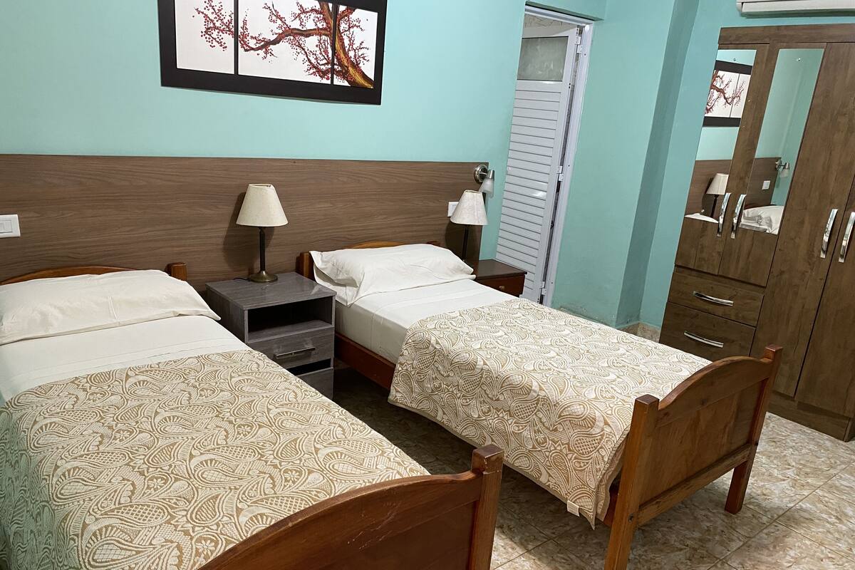 A hotel room with two wooden beds, a nightstand with a lamp, a wardrobe, and a wall-mounted artwork.