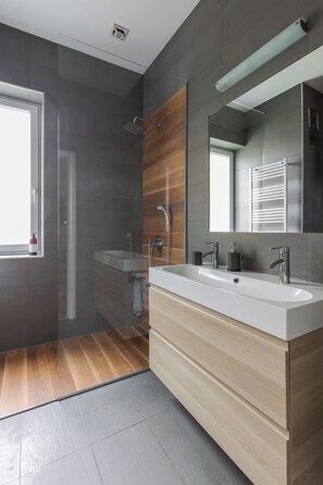 Shower, hair dryer, towels, toilet paper