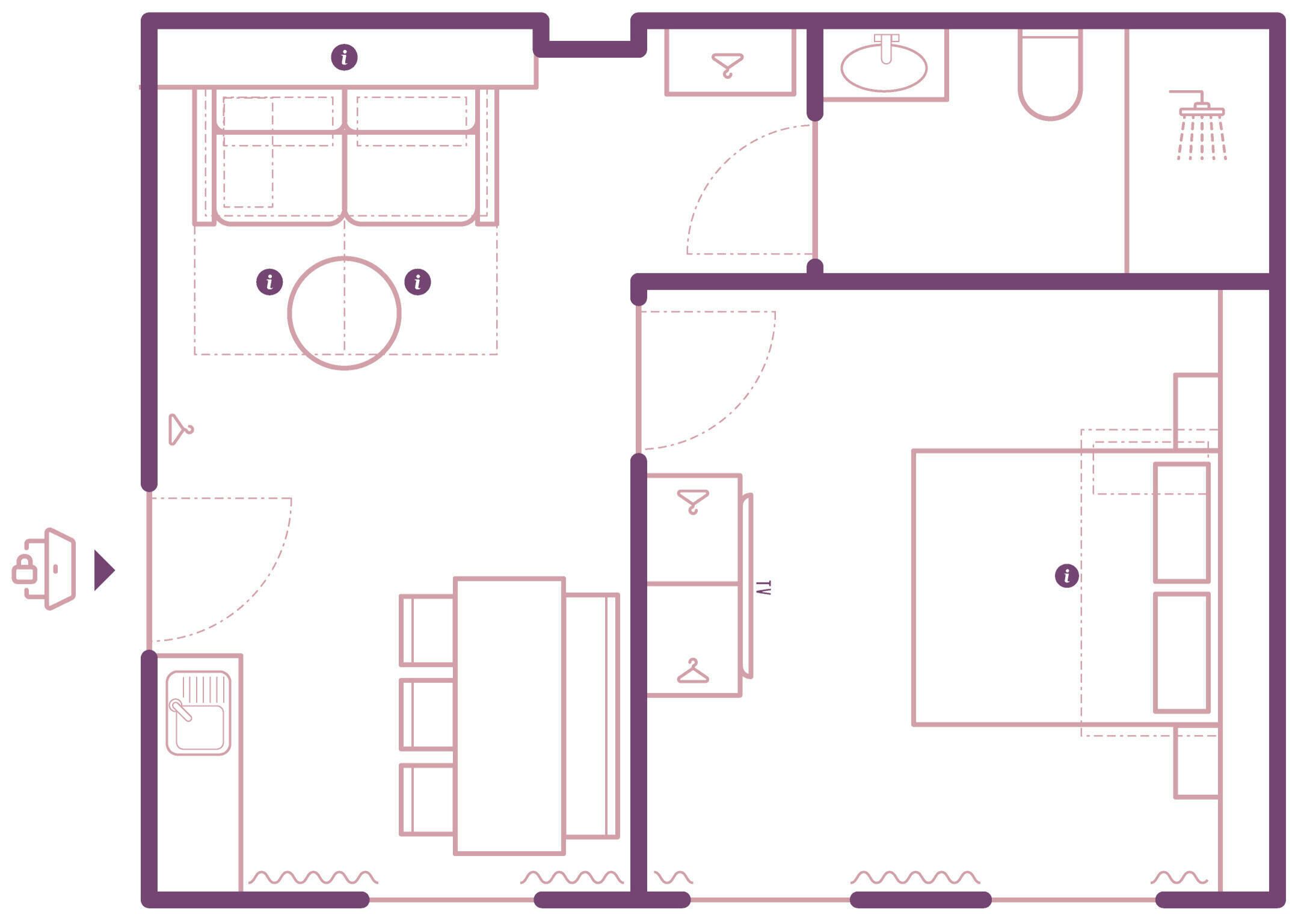 Plano de planta que muestra una cocina, comedor y baño.