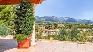 Una planta en maceta bajo una pérgola de madera con vistas a montañas y un valle.