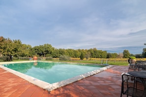 Piscina rectangular con borde de baldosas, rodeada de follaje y árboles.