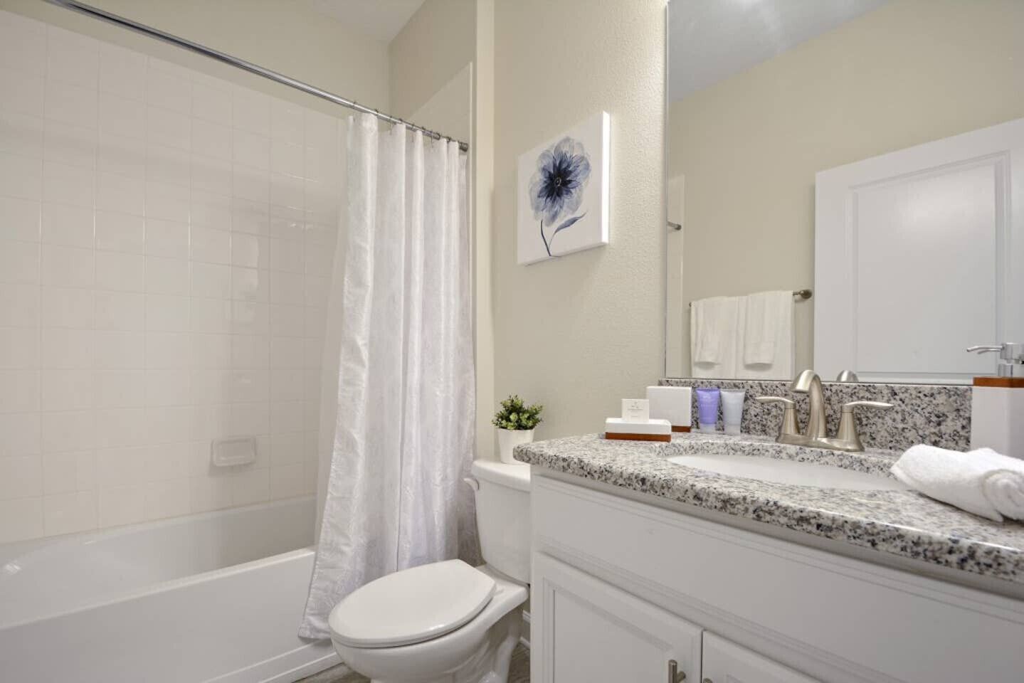 A bathroom with a shower, toilet, and sink area.