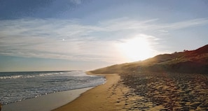 Una playa con arena y olas.