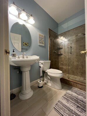 Combined shower/tub, jetted tub, hair dryer, towels