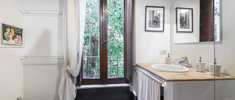 Shower, hair dryer, bidet, towels