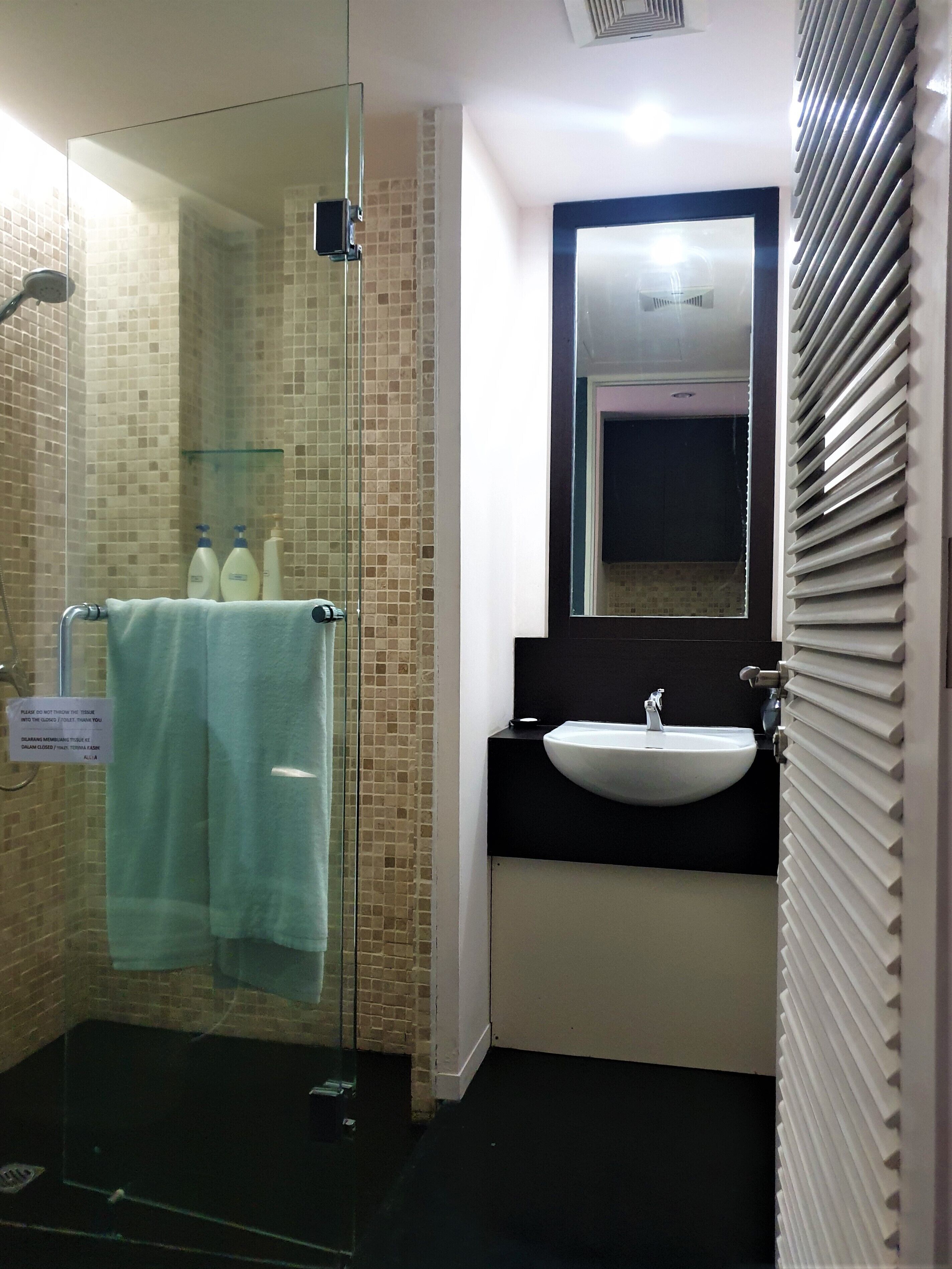 A bathroom with a glass shower enclosure, a sink, and a mirror.