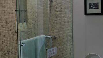 Une salle de bain avec une douche à parois de verre, un mur carrelé et des toilettes.